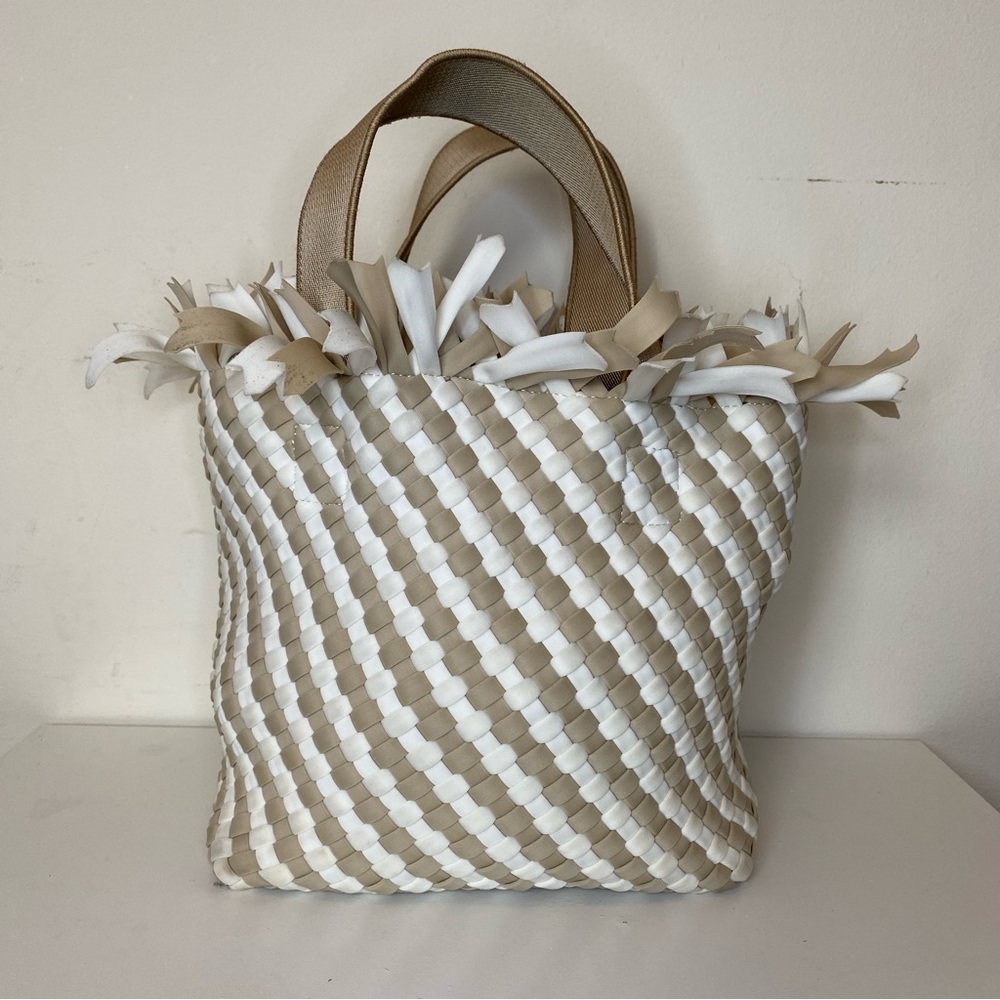 NAGHEDI Havana Small Woven Neoprene Tote Fringe Crossbody Striped Almaza Tan - Picture 6 of 15